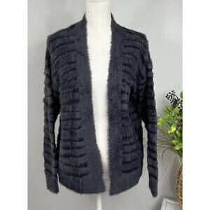 Trucloth Womens Striped Fuzzy Eyelash Knit Cardigan Sweater Sz M Open Purple EUC